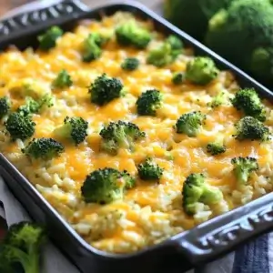 A bubbling tray of cheesy broccoli and rice casserole, topped with golden-brown melted cheese, surrounded by fresh broccoli florets.
