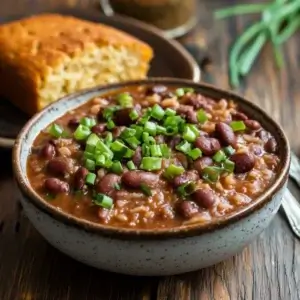 A hearty bowl of red beans and rice, garnished with chopped green onions and served with a slice of cornbread on a rustic wooden table.