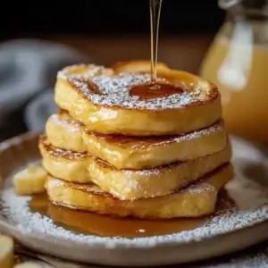 A stack of golden French toast slices, dusted with powdered sugar and served with a small pitcher of maple syrup, on a cozy breakfast table.