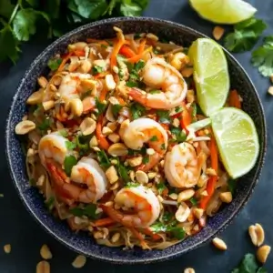 A vibrant dish of Pad Thai with shrimp, crushed peanuts, and lime wedges, showcasing its colorful and fresh presentation. 