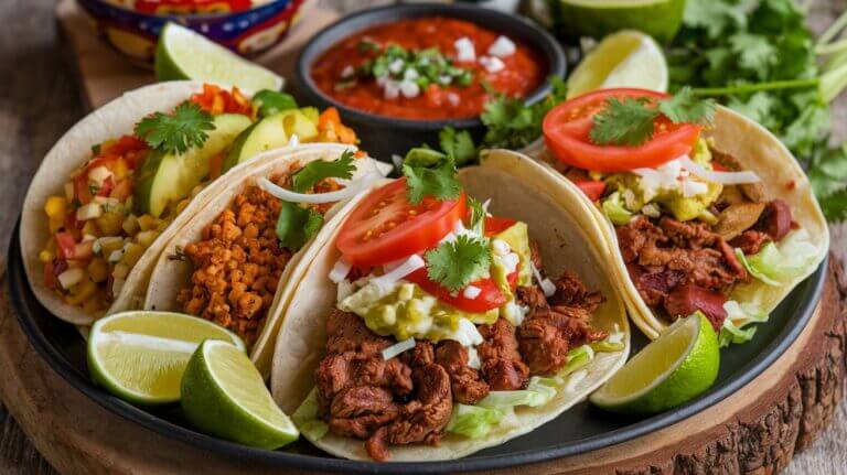 A platter of authentic Mexican tacos garnished with traditional toppings.