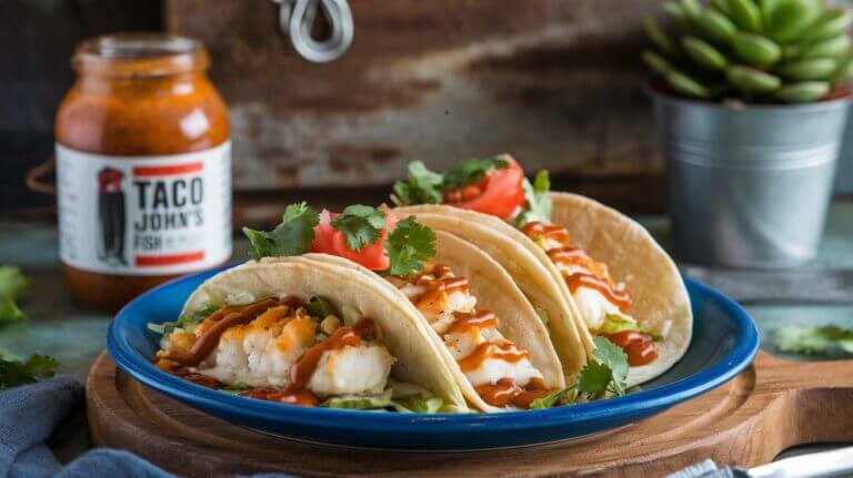 A platter of fish tacos made with different types of fish, garnished with fresh toppings.