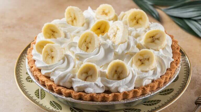 A classic banana cream pie topped with whipped cream and banana slices on a decorative plate.