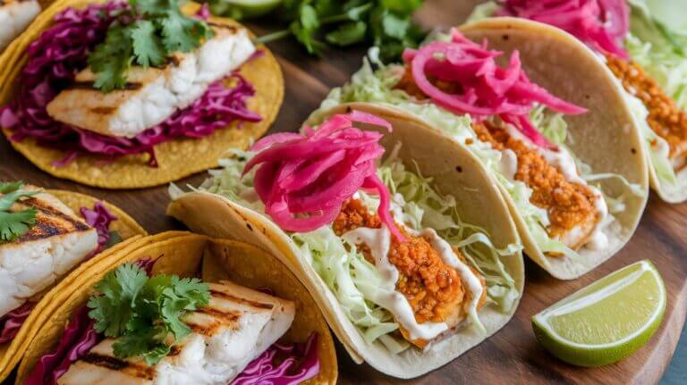 A delicious assortment of fish tacos served on both corn and flour tortillas with vibrant toppings.