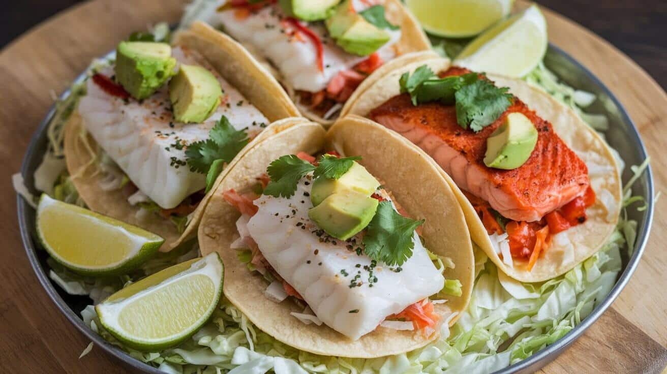 A platter of fish tacos made with different types of fish, garnished with fresh toppings.