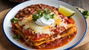 A plate of chilaquiles topped with cheese and a side of beans.