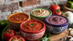 A Mexican lunch spread with soup, main dishes, rice, beans, and tortillas.