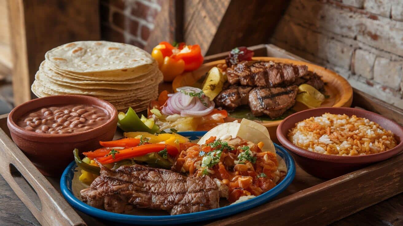 A traditional Mexican meal featuring tortillas, beans, rice, and various dishes.