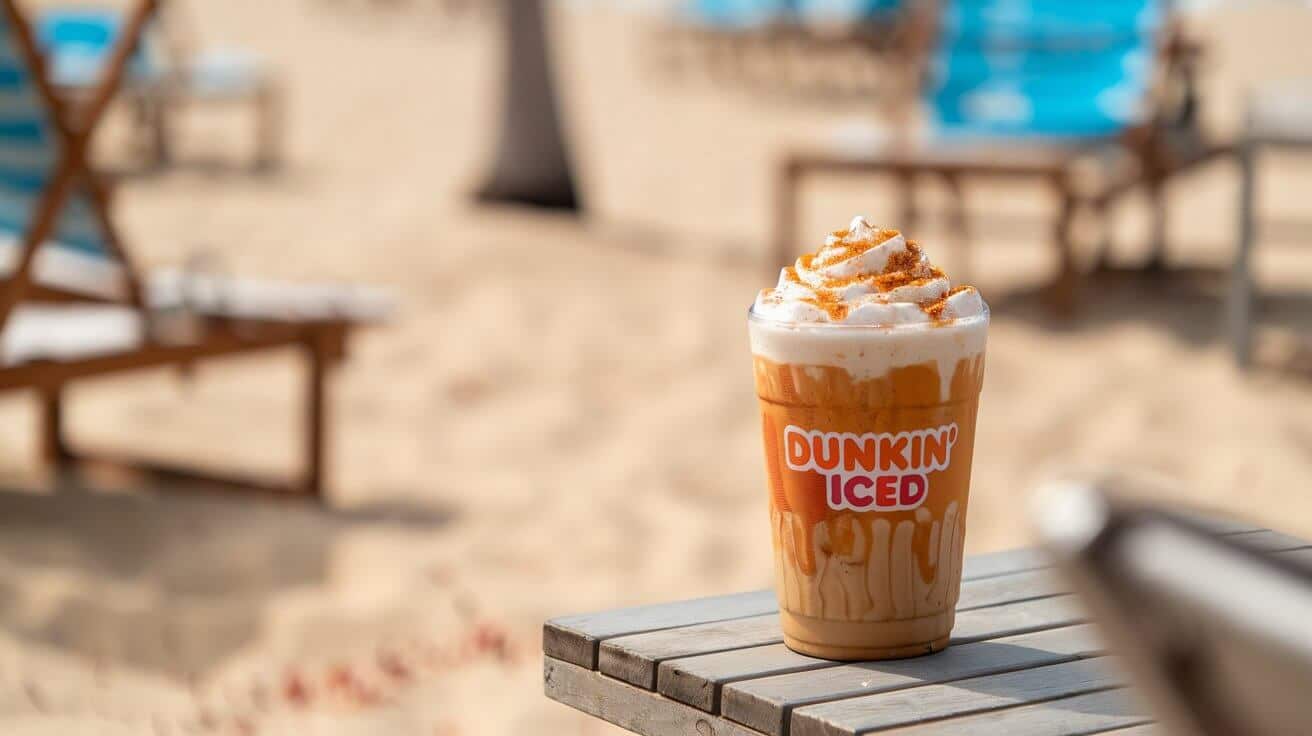 A Dunkin' iced beverage topped with creamy pumpkin cold foam and a sprinkle of pumpkin spice seasoning.